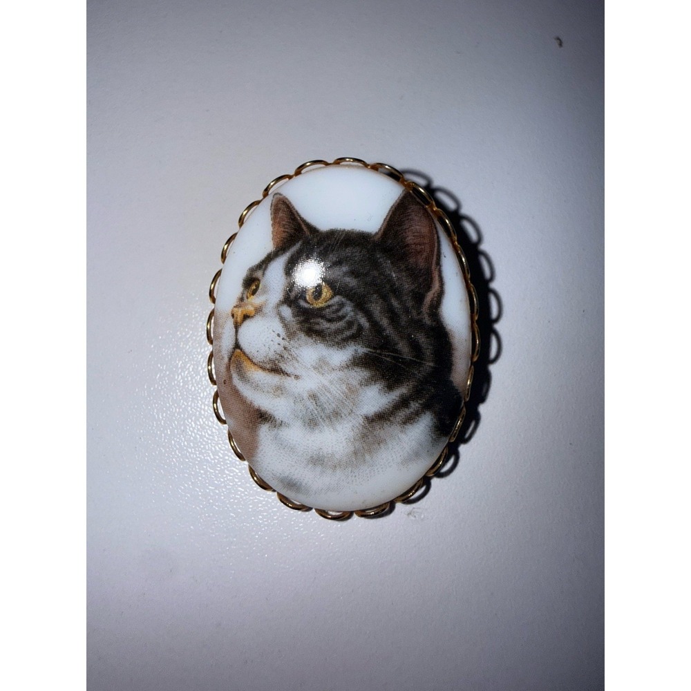 Vintage Porcelain 1960's Tabby Cat Brooch With Gold Tone Filigree Frameโ 1.5"